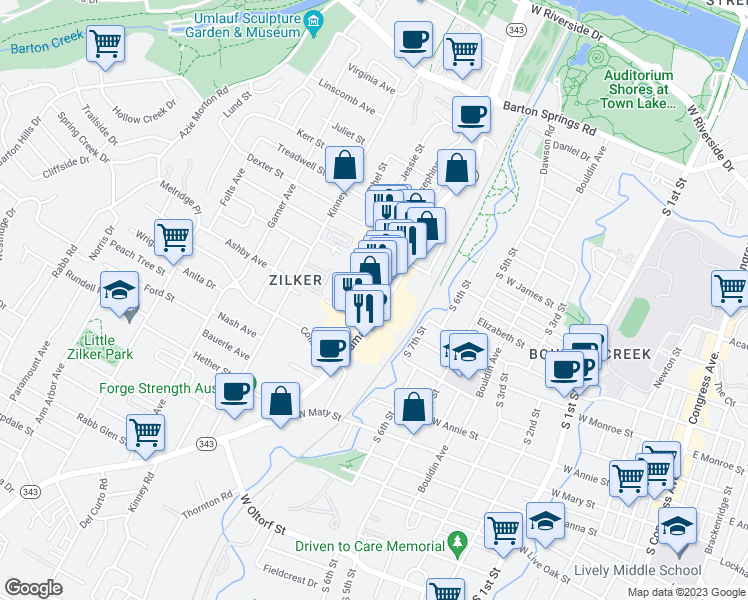 map of restaurants, bars, coffee shops, grocery stores, and more near 1320 South Lamar Boulevard in Austin