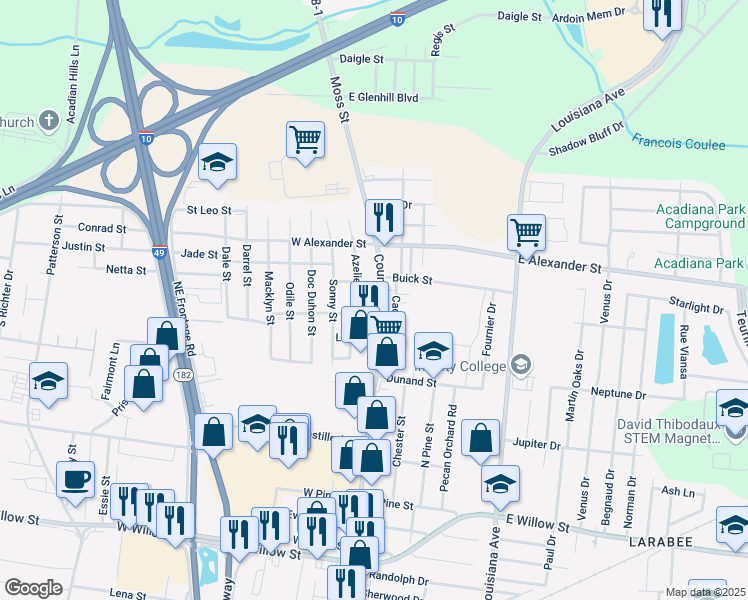 map of restaurants, bars, coffee shops, grocery stores, and more near 2323 Moss Street in Lafayette
