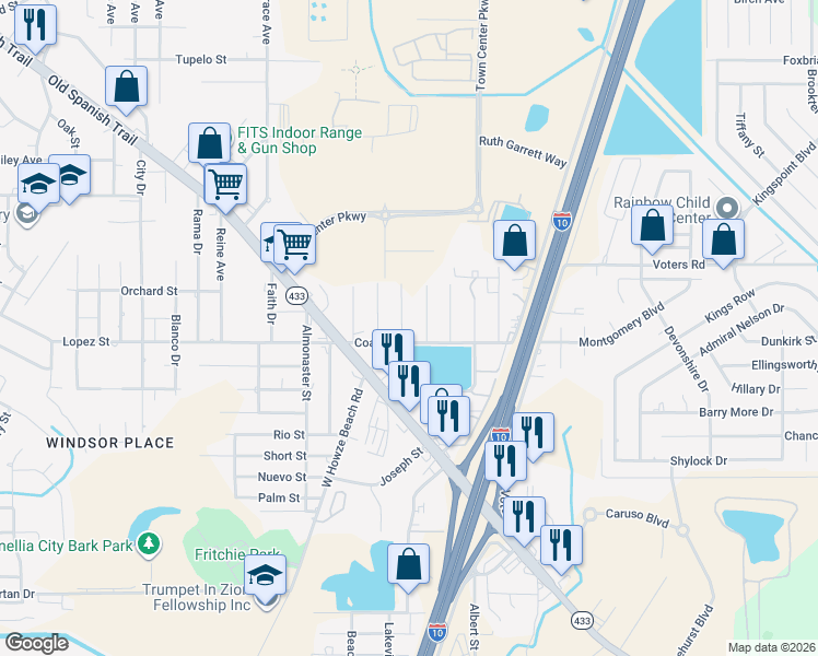 map of restaurants, bars, coffee shops, grocery stores, and more near 56674 Cass Street in Slidell