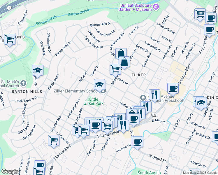 map of restaurants, bars, coffee shops, grocery stores, and more near 2001 Ford Street in Austin
