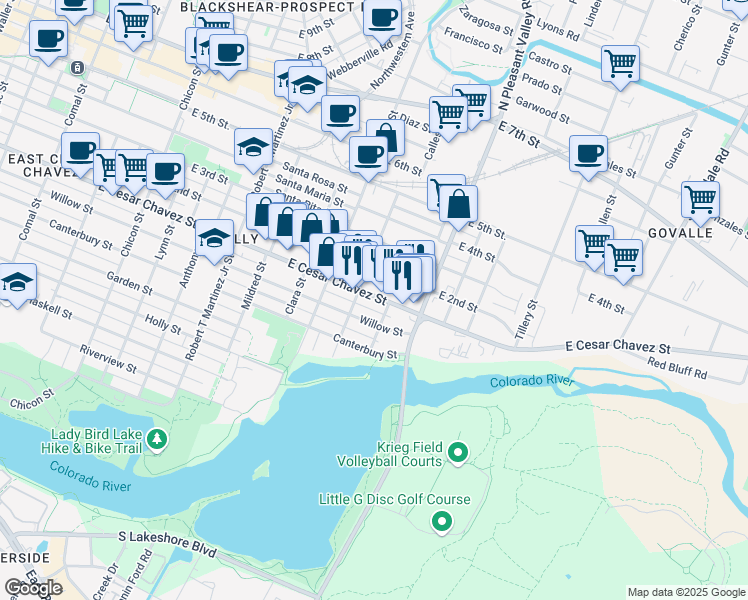 map of restaurants, bars, coffee shops, grocery stores, and more near 2613 East Cesar Chavez Street in Austin