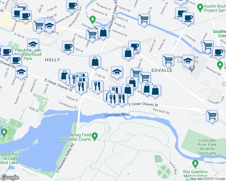 map of restaurants, bars, coffee shops, grocery stores, and more near 300 East 3rd Street in Austin