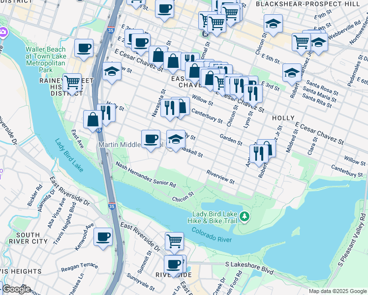map of restaurants, bars, coffee shops, grocery stores, and more near 1616A Haskell Street in Austin