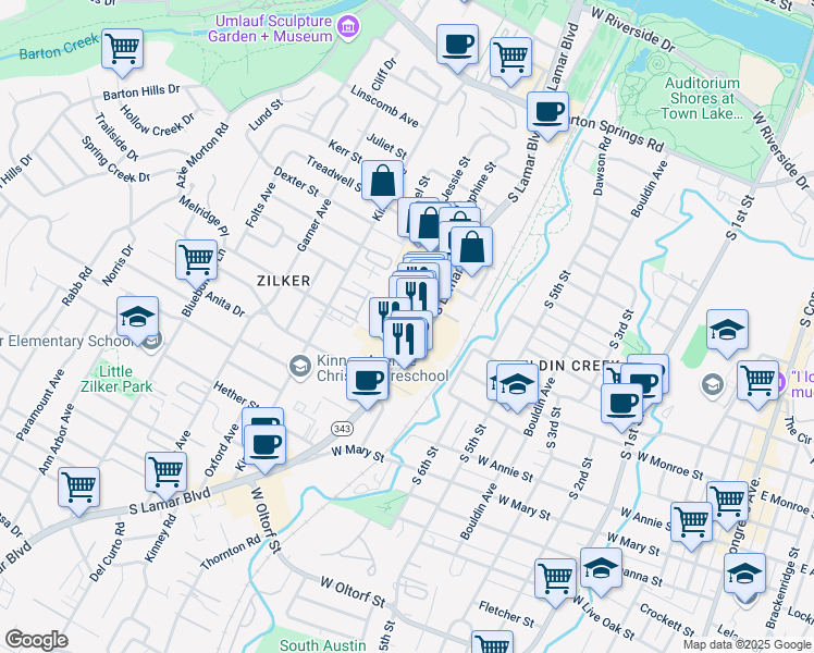 map of restaurants, bars, coffee shops, grocery stores, and more near 1342 Lamar Square Drive in Austin