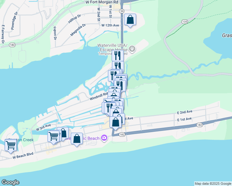 map of restaurants, bars, coffee shops, grocery stores, and more near 645 Gulf Shores Parkway in Gulf Shores