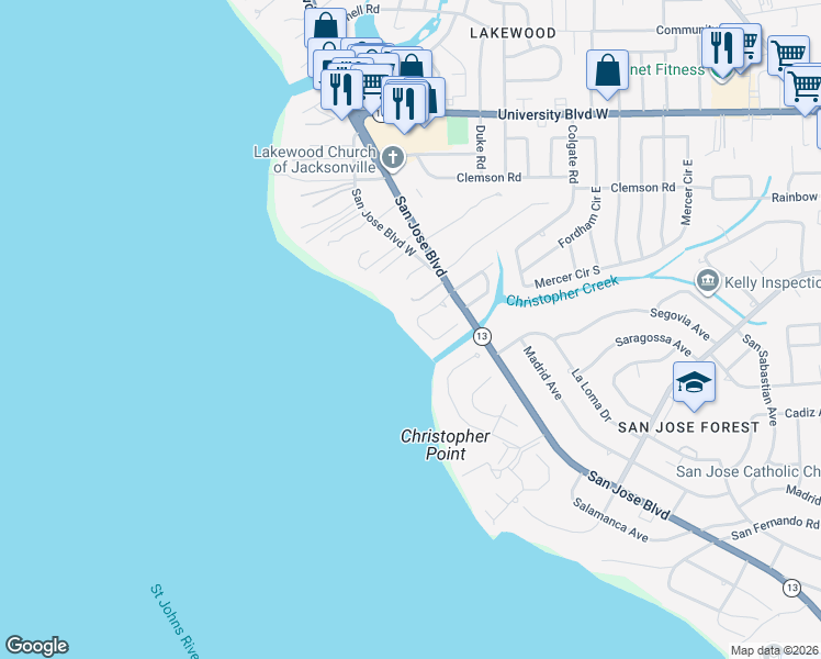 map of restaurants, bars, coffee shops, grocery stores, and more near 6518 Christopher Point Road West in Jacksonville