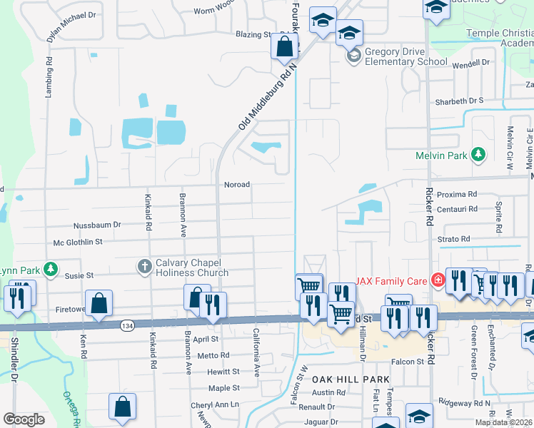 map of restaurants, bars, coffee shops, grocery stores, and more near 8063 Nussbaum Drive in Jacksonville