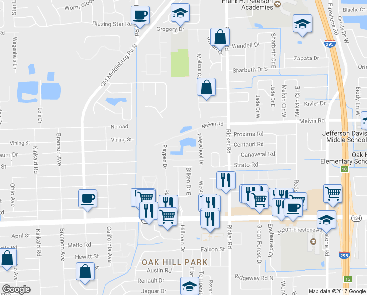 map of restaurants, bars, coffee shops, grocery stores, and more near 7781 Highchair Lane in Jacksonville