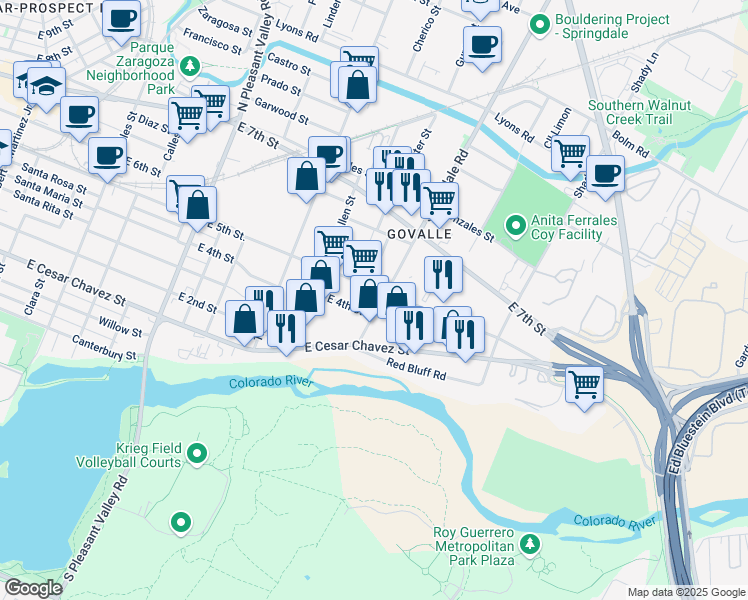 map of restaurants, bars, coffee shops, grocery stores, and more near 3506 East 4th Street in Austin