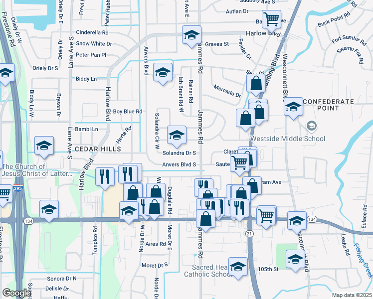 map of restaurants, bars, coffee shops, grocery stores, and more near 6437 Solandra Drive South in Jacksonville