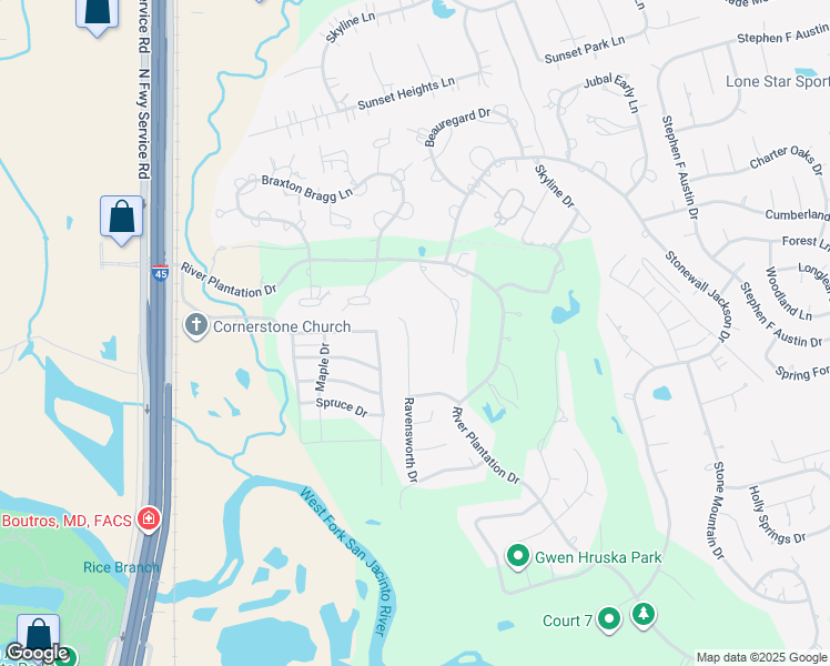 map of restaurants, bars, coffee shops, grocery stores, and more near 661 Ravensworth Drive in Conroe