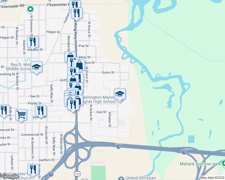 map of restaurants, bars, coffee shops, grocery stores, and more near 1120 Althalee St in Lake Charles