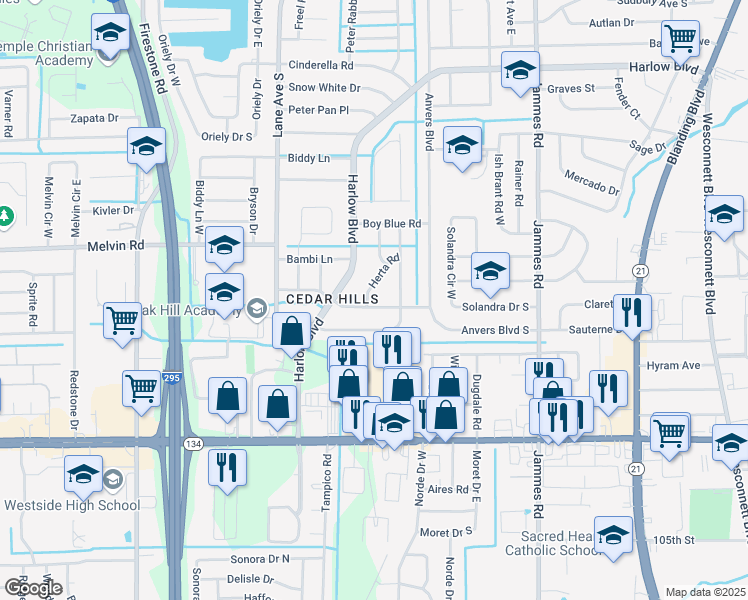 map of restaurants, bars, coffee shops, grocery stores, and more near 6733 Londonbridge Lane in Jacksonville