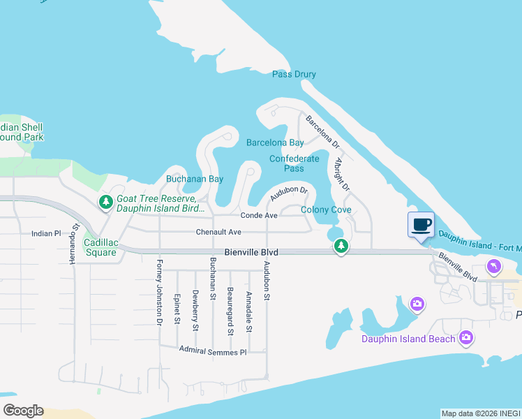 map of restaurants, bars, coffee shops, grocery stores, and more near 300 Conde Avenue in Dauphin Island