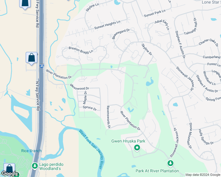 map of restaurants, bars, coffee shops, grocery stores, and more near 661 Ravensworth Drive in Conroe