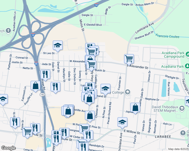 map of restaurants, bars, coffee shops, grocery stores, and more near 2323 Moss St in Lafayette