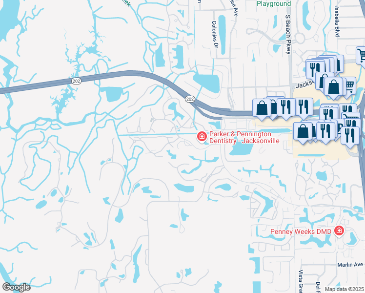 map of restaurants, bars, coffee shops, grocery stores, and more near 1700 The Greens Way in Jacksonville Beach