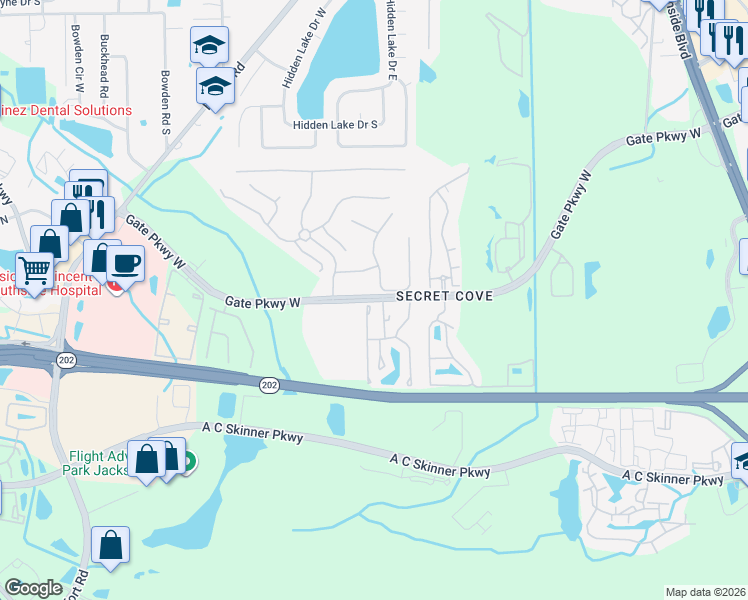 map of restaurants, bars, coffee shops, grocery stores, and more near 4100 Crownwood Drive in Jacksonville