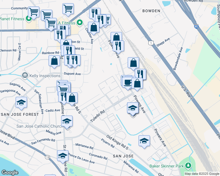 map of restaurants, bars, coffee shops, grocery stores, and more near 6550 Mission Court in Jacksonville