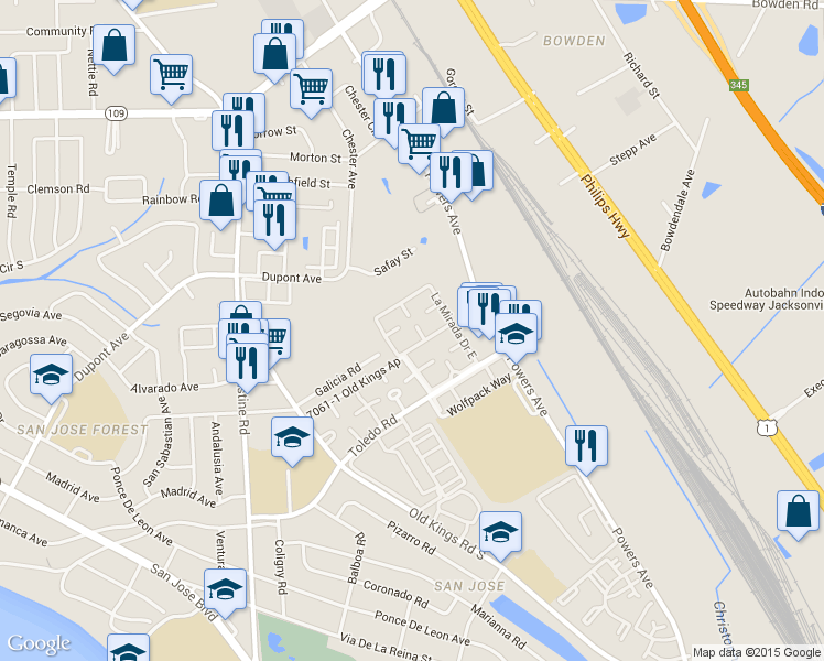 map of restaurants, bars, coffee shops, grocery stores, and more near 6550 Mission Court in Jacksonville
