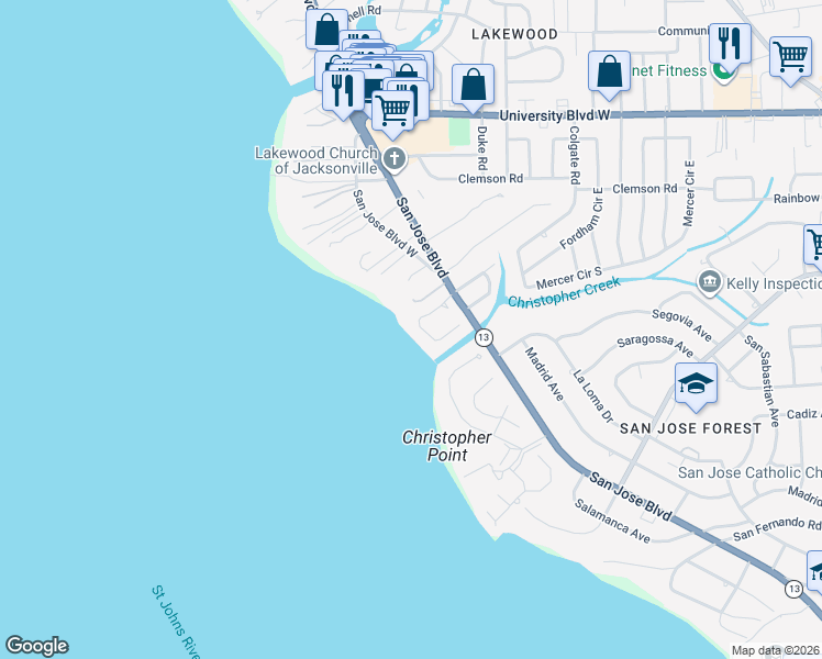 map of restaurants, bars, coffee shops, grocery stores, and more near 6518 Christopher Point Road West in Jacksonville