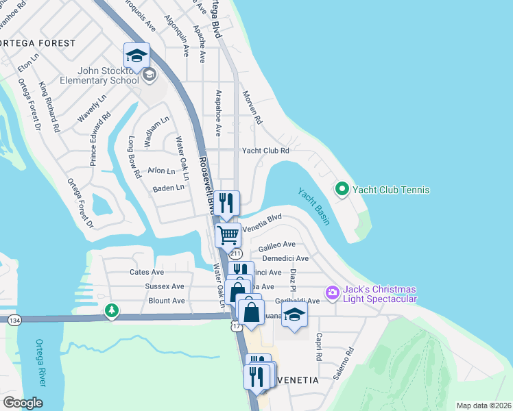 map of restaurants, bars, coffee shops, grocery stores, and more near 4357 Venetia Boulevard in Jacksonville