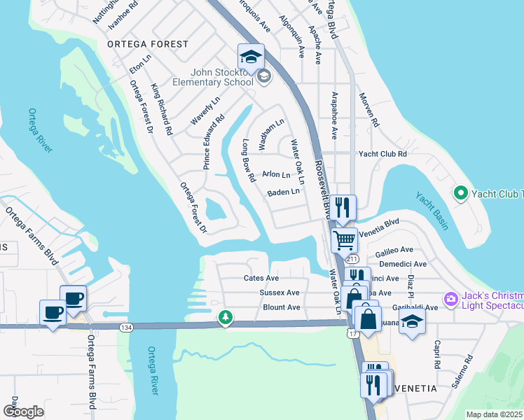 map of restaurants, bars, coffee shops, grocery stores, and more near 4965 Long Bow Road in Jacksonville
