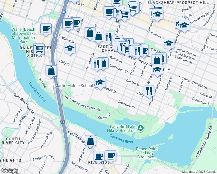 map of restaurants, bars, coffee shops, grocery stores, and more near 1616A Haskell Street in Austin