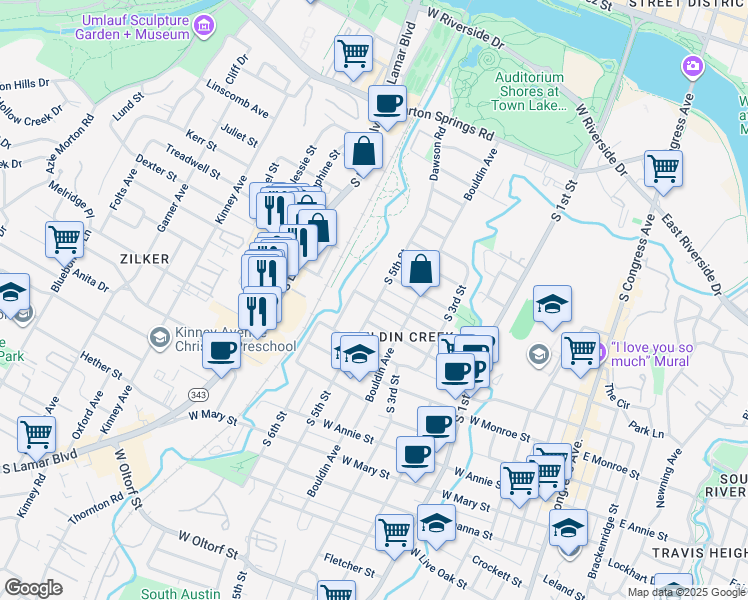 map of restaurants, bars, coffee shops, grocery stores, and more near 1305 South 6th Street in Austin