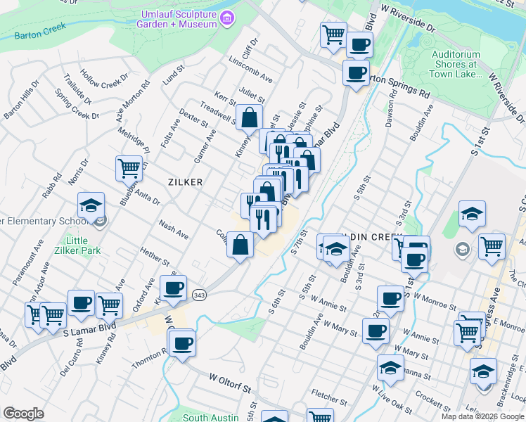 map of restaurants, bars, coffee shops, grocery stores, and more near 1342 Lamar Square Drive in Austin