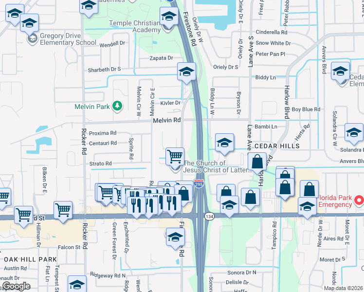 map of restaurants, bars, coffee shops, grocery stores, and more near Firestone Road in Jacksonville