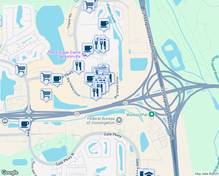 map of restaurants, bars, coffee shops, grocery stores, and more near 4831 Village Shops Way in Jacksonville