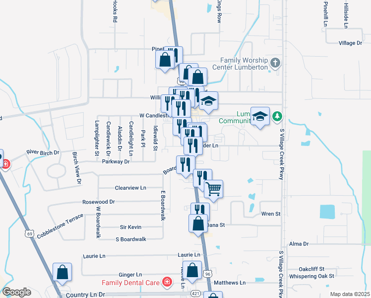 map of restaurants, bars, coffee shops, grocery stores, and more near 204 South Main Street in Lumberton