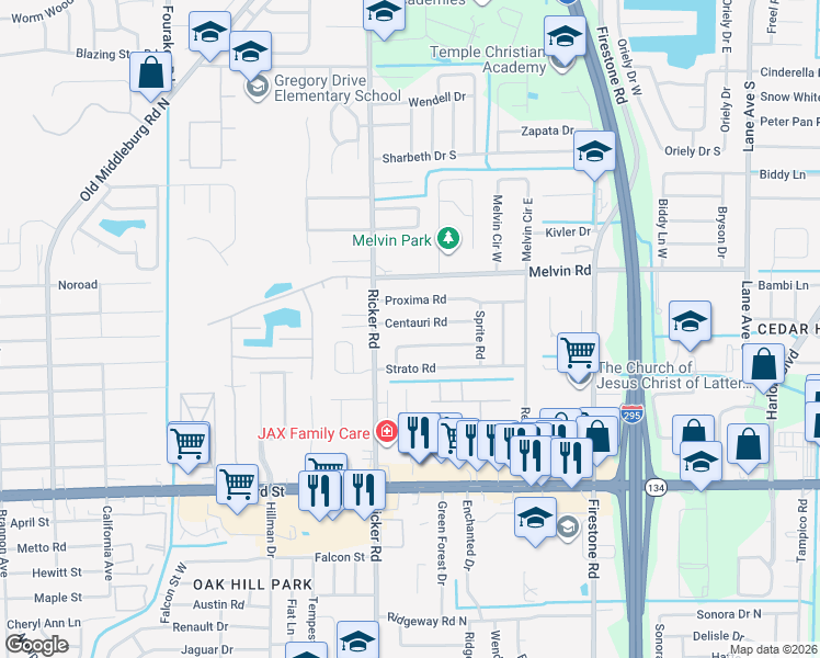 map of restaurants, bars, coffee shops, grocery stores, and more near 7506 Centauri Road in Jacksonville