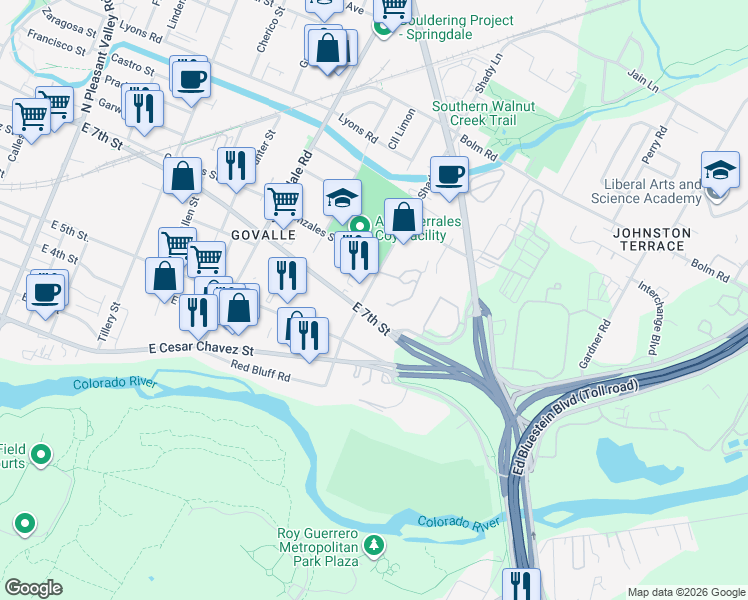 map of restaurants, bars, coffee shops, grocery stores, and more near 703 Shady Lane in Austin