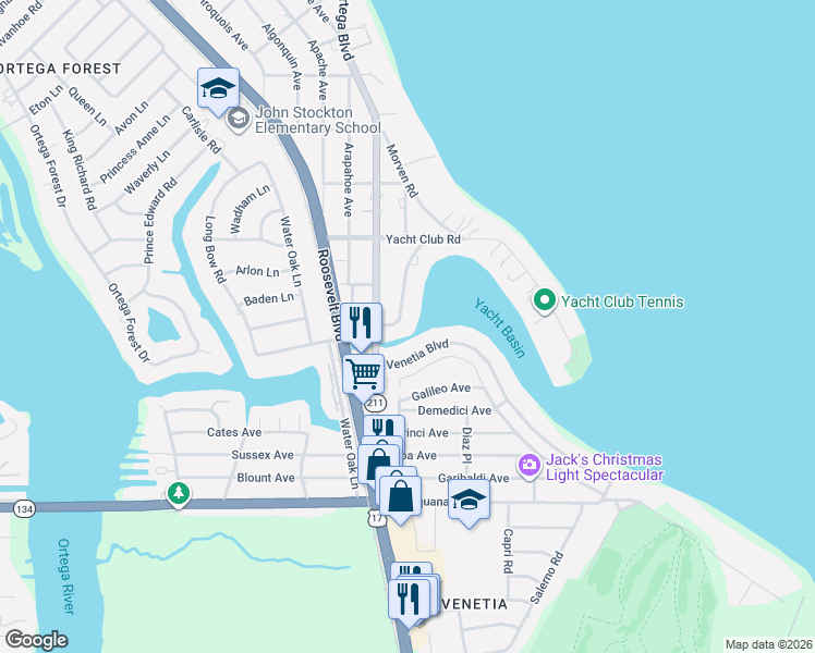 map of restaurants, bars, coffee shops, grocery stores, and more near 4357 Venetia Boulevard in Jacksonville