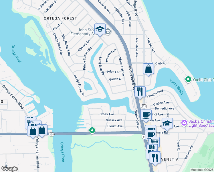map of restaurants, bars, coffee shops, grocery stores, and more near 4965 Long Bow Road in Jacksonville