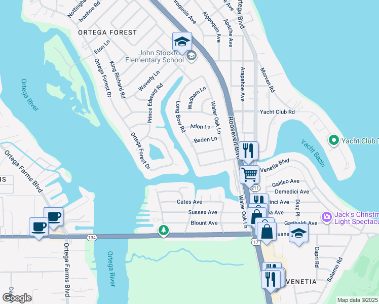 map of restaurants, bars, coffee shops, grocery stores, and more near 4965 Long Bow Road in Jacksonville