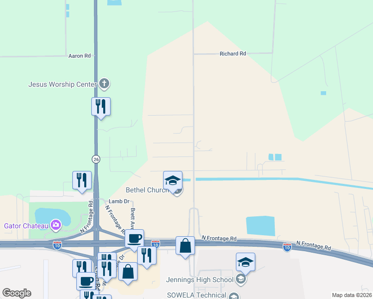 map of restaurants, bars, coffee shops, grocery stores, and more near 15230 Highway 102 in Jennings