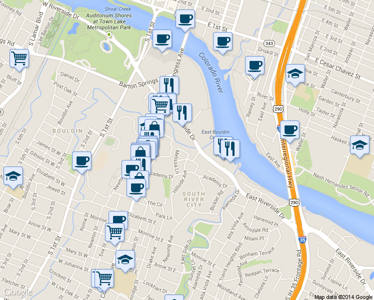 map of restaurants, bars, coffee shops, grocery stores, and more near 216 Bonniview St in Austin