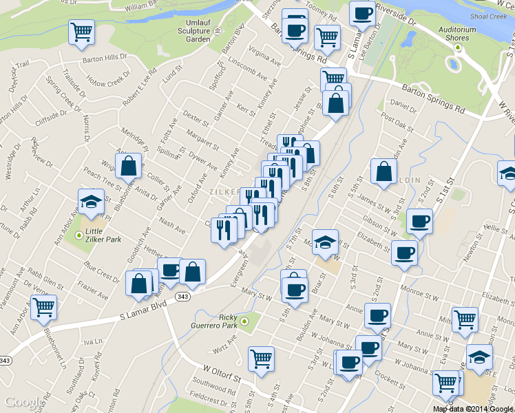 map of restaurants, bars, coffee shops, grocery stores, and more near 1340 Lamar Square Drive in Austin