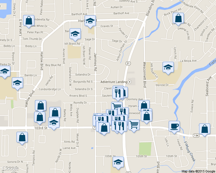 map of restaurants, bars, coffee shops, grocery stores, and more near 6301 Claret Drive in Jacksonville