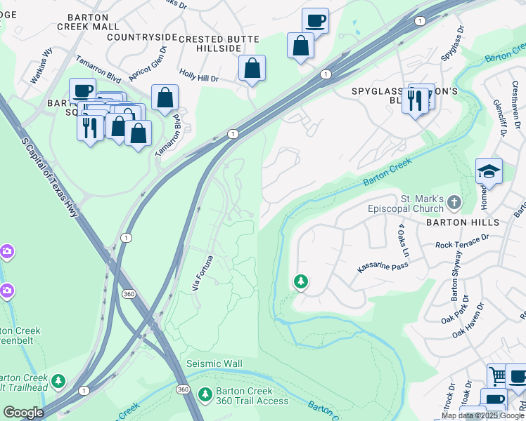 map of restaurants, bars, coffee shops, grocery stores, and more near 2502 Bartons Bluff Court in Austin