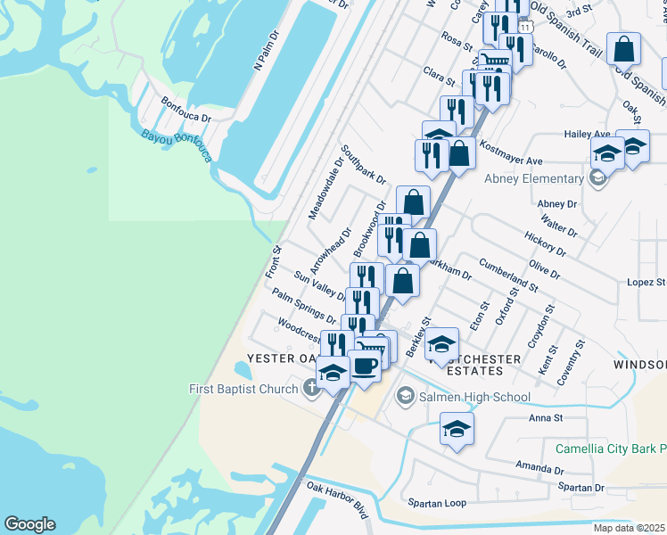 map of restaurants, bars, coffee shops, grocery stores, and more near 3838 Arrowhead Drive in Slidell
