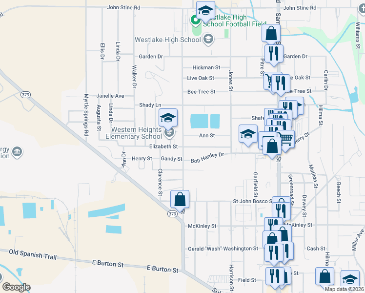 map of restaurants, bars, coffee shops, grocery stores, and more near 1100 Elizabeth Street in Westlake