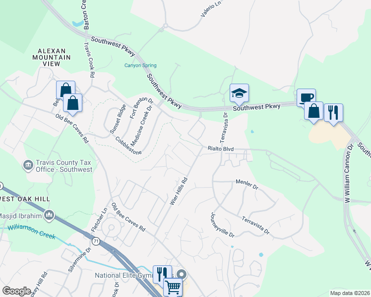map of restaurants, bars, coffee shops, grocery stores, and more near 7911 Floracita Lane in Austin