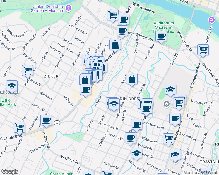 map of restaurants, bars, coffee shops, grocery stores, and more near 1304 South 6th Street in Austin