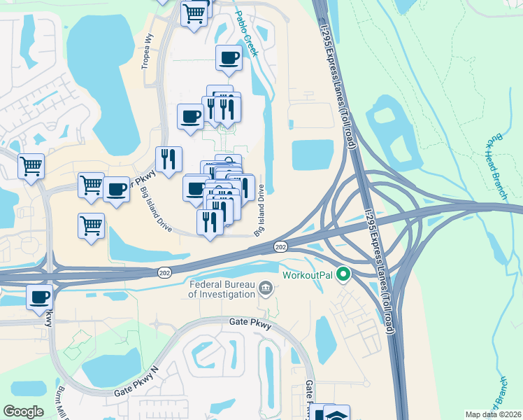 map of restaurants, bars, coffee shops, grocery stores, and more near 4831 Village Shops Way in Jacksonville