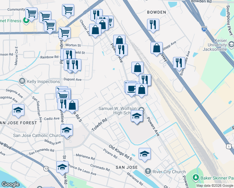 map of restaurants, bars, coffee shops, grocery stores, and more near 3924 Mission Drive in Jacksonville