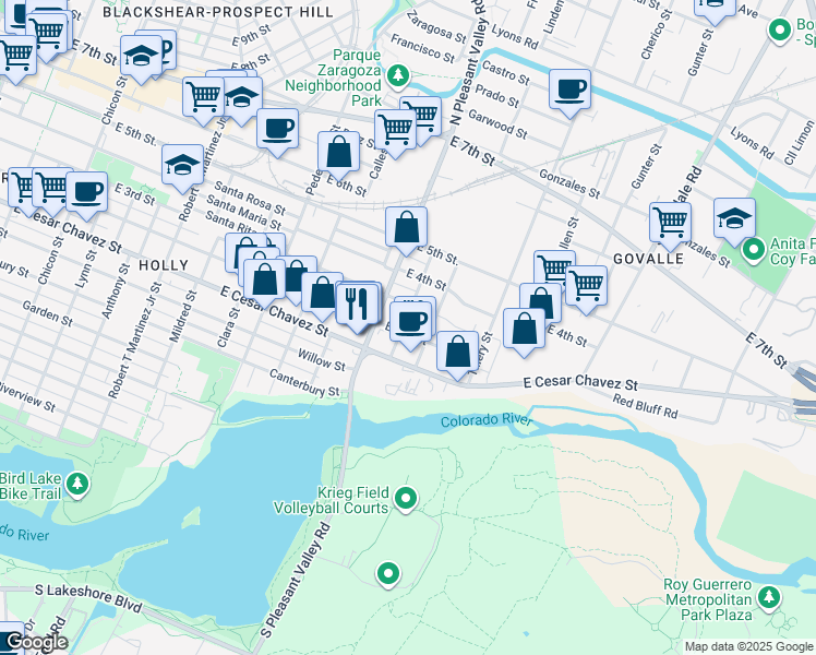 map of restaurants, bars, coffee shops, grocery stores, and more near 2901 East 2nd Street in Austin